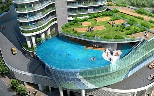 Tv telga: predio inova e troca sacada por piscina na india.