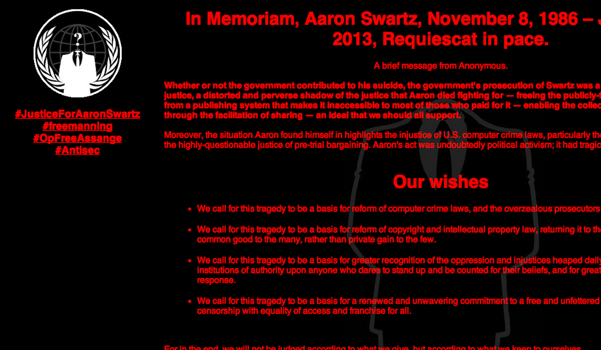 Συνέχεια στο θάνατο του Aaron Swartz δίνουν οι Anonymous