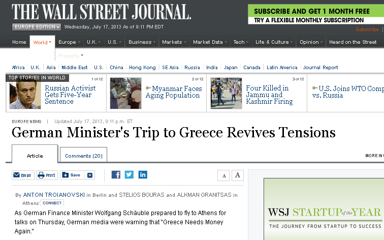 «Η επίσκεψη Σόιμπλε στην Ελλάδα αναζωπυρώνει τις εντάσεις»