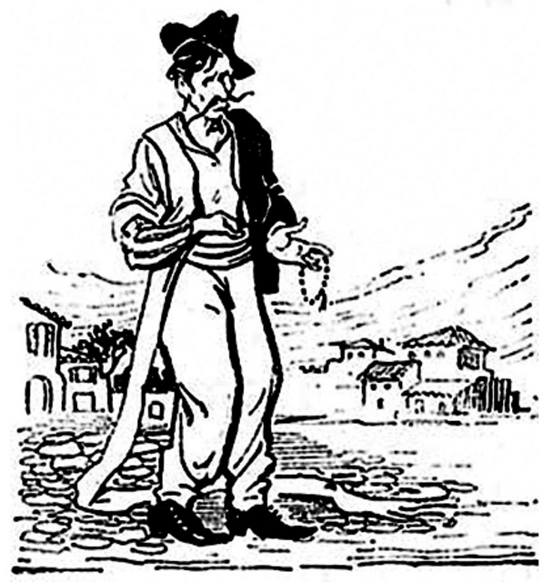 Απεικονίζεται σε σκίτσο ένας άντρας που στο χέρι του κρατάει κομπολόι και η άκρη του ζωναριού του σέρνεται κάτω