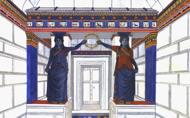Χρωματιστή αναπαράσταση της πύλης των Καρυάτιδων της Αμφίπολης