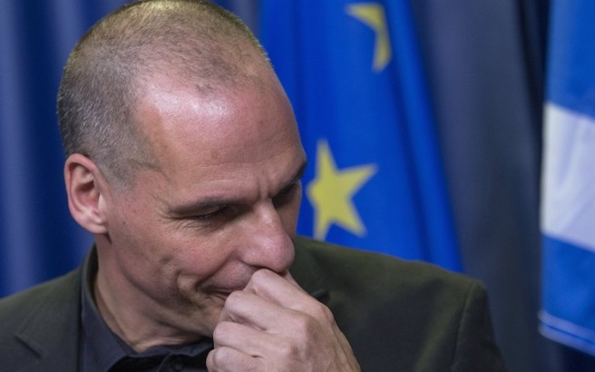 Greek Finance Minister Yanis Varoufakis holds a news conference during a Euro zone finance ministers emergency meeting on the situation in Greece in Brussels, Belgium June 27, 2015. Euro zone finance ministers plan to meet later on Saturday without their Greek counterpart following the conclusion of a meeting of all 19 ministers which has resumed for now, euro zone officials said.  REUTERS/Yves Herman