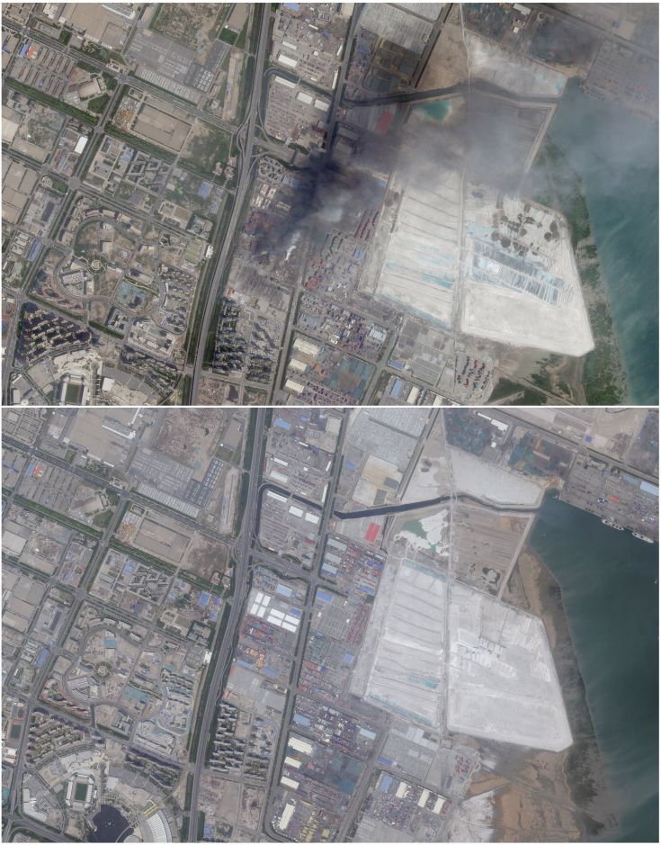 Combination of satellite imagery collected by Skybox Imaging made available courtesy of Google on August 13, 2015 shows smoke from the explosion in Tianjin, China (top) and the same area on May 25, 2015 (bottom). Two huge explosions tore through an industrial area where toxic chemicals and gas were stored in the northeast Chinese port city of Tianjin, killing at least 50 people, including at least a dozen fire fighters, officials and state media said on Thursday.    REUTERS/Google and Skybox Imaging/Handout via Reuters ATTENTION EDITORS - NO SALES. NO ARCHIVES. FOR EDITORIAL USE ONLY. NOT FOR SALE FOR MARKETING OR ADVERTISING CAMPAIGNS. THIS PICTURE WAS PROCESSED BY REUTERS TO ENHANCE QUALITY. UNPROCESSED VERSIONS OF EACH INDIVIDUAL PICTURE WILL BE PROVIDED SEPARATELY. MANDATORY CREDIT.