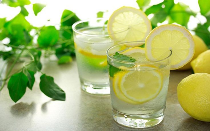 Lemon water with fresh lemons and green plants