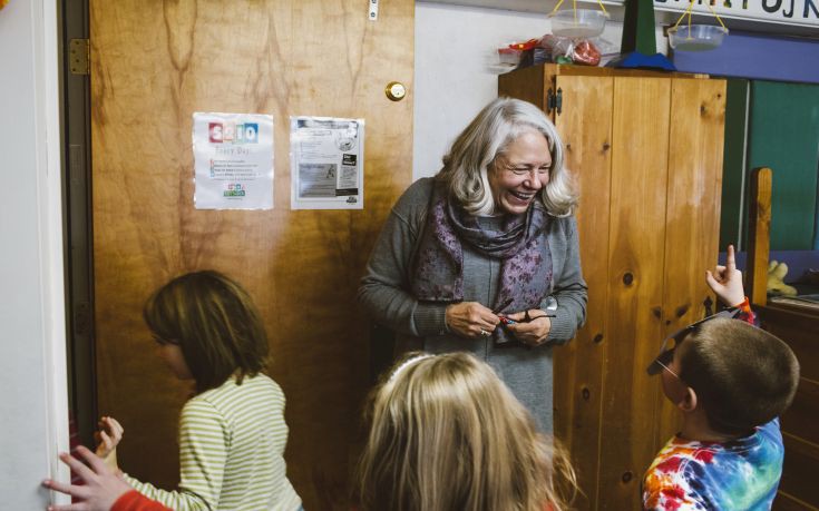 EDGECOMB, ME - JANUARY 6: Nancie Atwell laughs as students end recess and head to the rest of the day's classes at the Center for Teaching and Learning in Edgecomb, ME on Tuesday, January 6, 2015. Atwell is one of fifty finalists for the Varkey GEMS Foundation Global Teacher Prize. The grand finalist winner will be awarded a total of one million dollars, of which Atwell said if she wins, the entirety will go to the Center for Teaching and Learning. (Photo by Whitney Hayward/Staff Photographer)