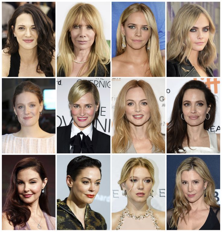 This combination photo shows actresses listed in alphabetical order, top row from left, Asia Argento, Rosanna Arquette, Jessica Barth, Cara Delevingne, Romola Garai, Judith Godreche, Heather Graham, Angelina Jolie, Ashley Judd, Rose McGowan, Lea Seydoux and Mira Sorvino, who have made allegations against producer Harvey Weinstein. (AP Photo/File)