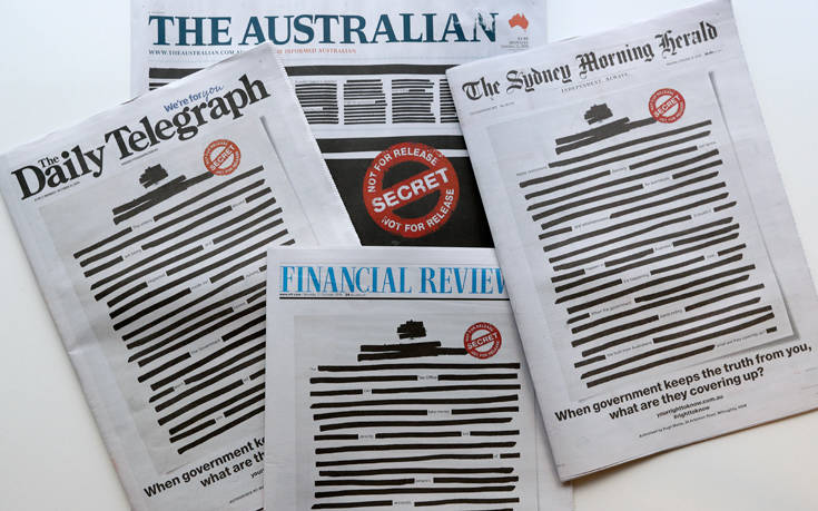 Με λογοκρισία στο πρωτοσέλιδο κυκλοφορούν σήμερα οι εφημερίδες της Αυστραλίας