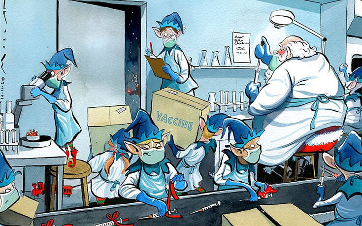 Εκπληκτικό σκίτσο των Times: Ο Άγιος Βασίλης και τα ξωτικά ετοιμάζουν το εμβόλιο του κορονοϊού