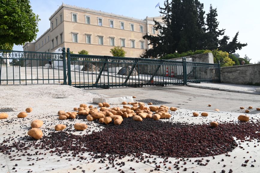 Πατάτες και σταφίδες πέταξαν στη Βουλή οι πληγέντες από τις φυσικές καταστροφές
