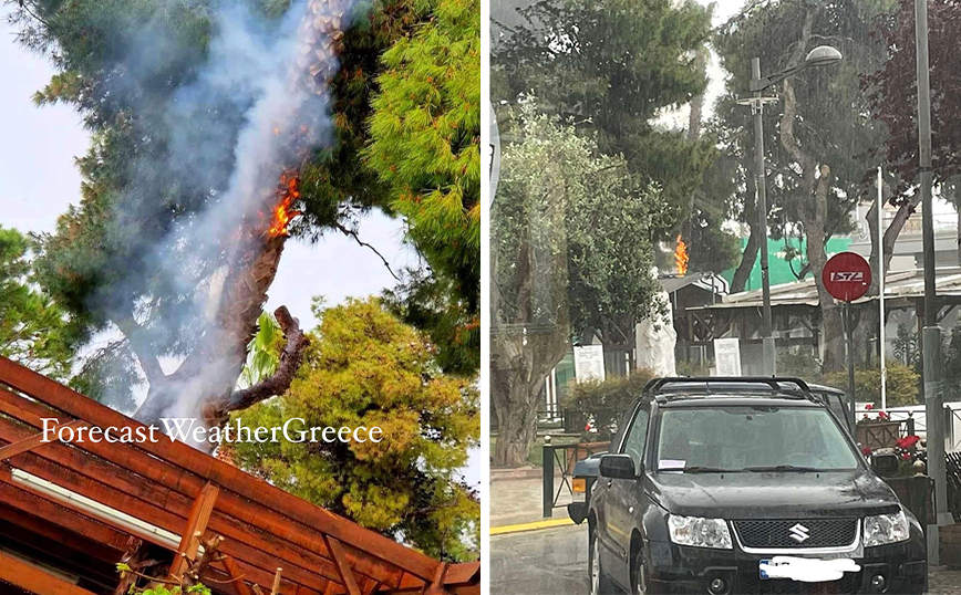 Κεραυνός έπεσε δίπλα σε καφετέρια στο Μαρούσι &#8211; Δέντρο άρπαξε φωτιά