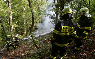 Firefighters work at the crash site of two sport planes near the village of Cerveny Kamen