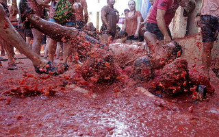 Revelers play in tomato pulp after the annual "Tomatina" (tomato fight) in Bunol, near Valencia
