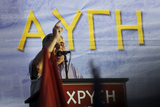 Leader of far-right Golden Dawn party Nikolaos Mihaloliakos delivers a speech during the main pre-election rally outside the party's headquarters in Athens, Greece, September 16, 2015. The outcome of Sunday's Greek national election looks more uncertain than ever after the country's two dominant politicians ruled out working with each other and apparently failed to sway undecided voters in a final televised debate. REUTERS/Michalis Karagiannis