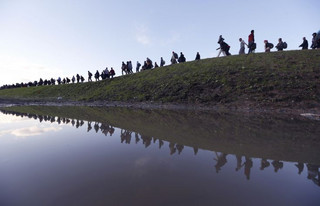 Migrants make their way on foot on the outskirts of Brezice, Slovenia October 20, 2015. Slovenia's interior ministry raised the possibility on Tuesday of setting up physical barriers along its southeastern border if the numbers of migrants increased.  REUTERS/Srdjan Zivulovic  TPX IMAGES OF THE DAY