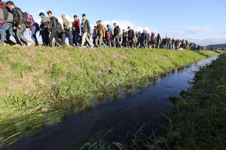 Migrants walk near Brezice, Slovenia October 20, 2015. Slovenia's interior ministry raised the possibility on Tuesday of setting up physical barriers along its southeastern border if the numbers of migrants increased. REUTERS/Srdjan Zivulovic