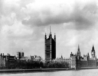 This general view shows the British government's Houses of Parliament along the Thames River in London, England on June 18, 1940.  The section immediately right of the large central tower is the House of Lords.  Big Ben can be see at far right.  (AP Photo/British Library of Information)