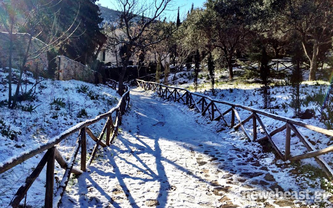 Χιονισμένη μαγεία στη μονή Καισαριανής