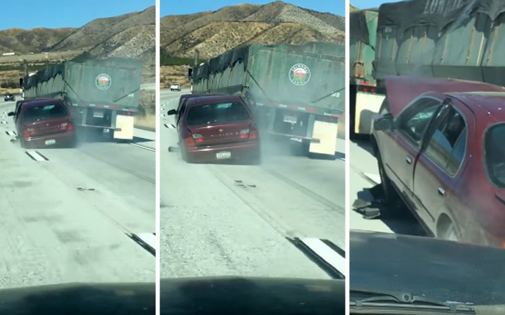 Φορτηγό σέρνει κυριολεκτικά αυτοκίνητο σε λεωφόρο