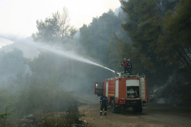 Πευκοδάσος σε δύσβατο σημείο καίγεται στη Λευκίμη Σουφλίου