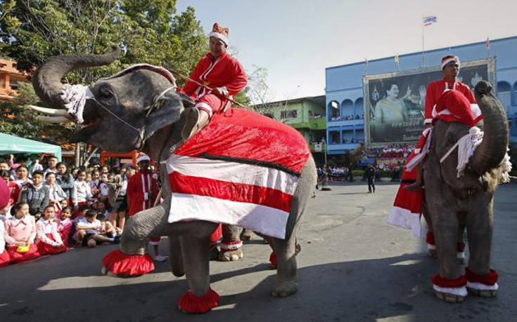 Ελέφαντες ντυμένοι Άγιος Βασίλης στην Ταϊλάνδη