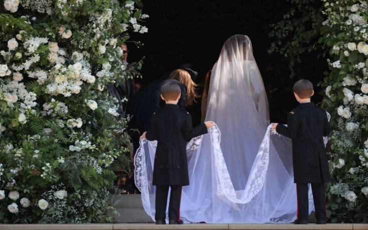 Meghan Markle and her bridal party arrive for her wedding to Prince Harry at St. George's Chapel in Windsor Castle in Windsor, near London, England, Saturday, May 19, 2018. (Jane Barlow/pool photo via AP)