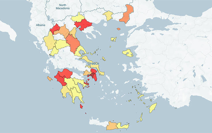 Ο κορονοϊός στην Ελλάδα σε real time – Οι κόκκινες και οι λευκές περιοχές
