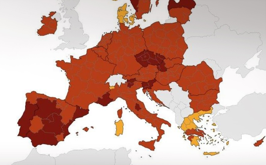 Χάρτης ECDC: Χωρίς πράσινη περιοχή η Ελλάδα – Ποιες περιφέρειες μπήκαν στο «κόκκινο»