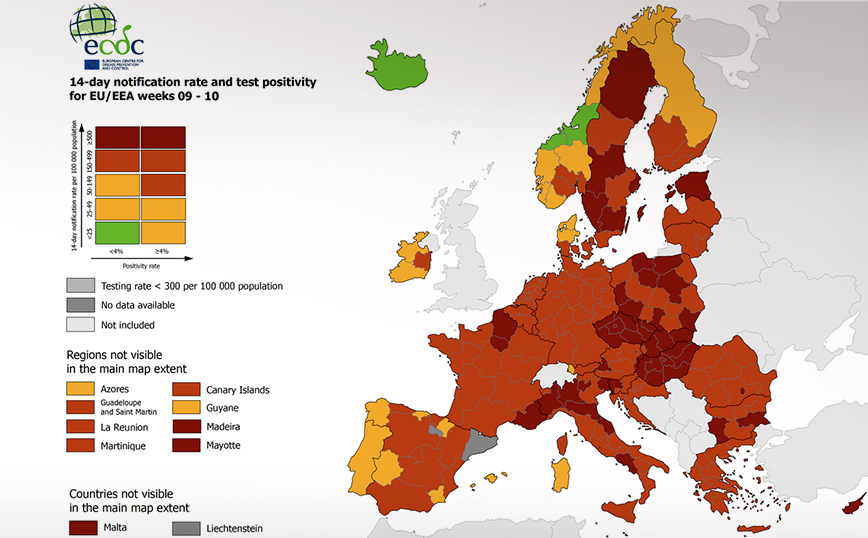 Χάρτης ECDC για τον κορονοϊό: Παραμένει στο «κόκκινο» όλη η Ελλάδα