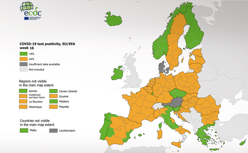 Χάρτες ECDC: Στο «πράσινο» η Ελλάδα στον δείκτη θετικότητας