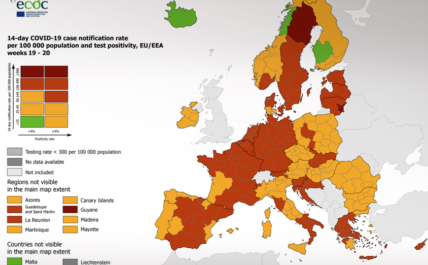 ECDC: Στο «κίτρινο» τρεις περιοχές της Ελλάδας