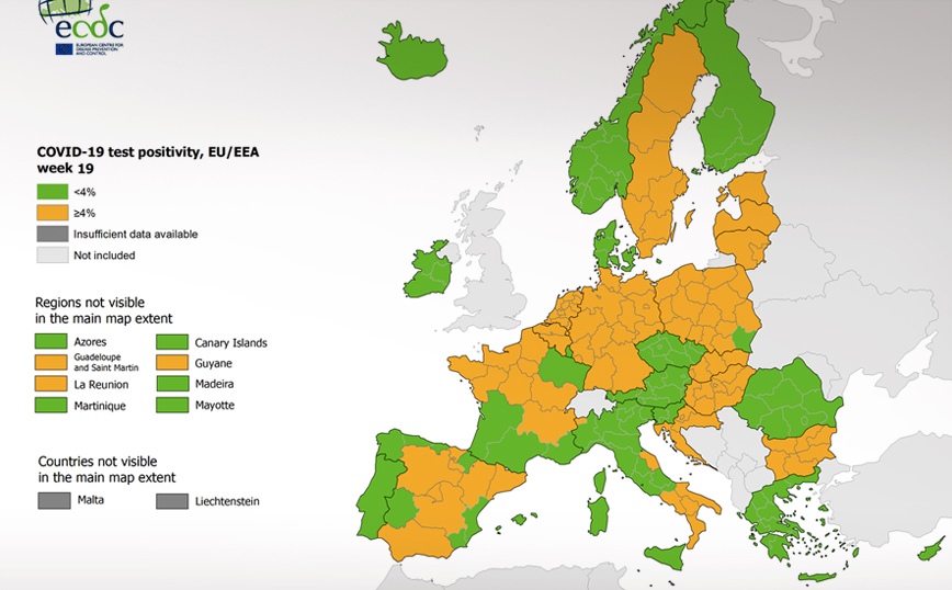 Χάρτης ECDC: Στο «πράσινο» παραμένει η Ελλάδα στον δείκτη θετικότητας