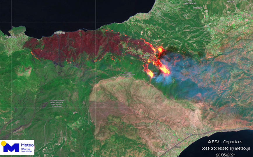 Πώς φαίνεται από το διάστημα η φωτιά στον Σχίνο Κορινθίας