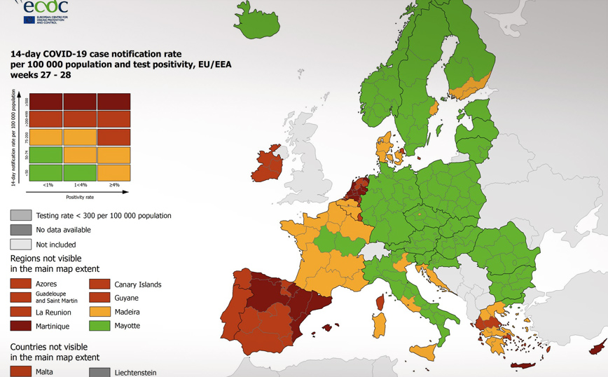 Κορονοϊός &#8211; Χάρτης ECDC: Στο «κόκκινο» η Κρήτη &#8211; Δύο περιοχές της Ελλάδας που βρίσκονται στο «πράσινο»