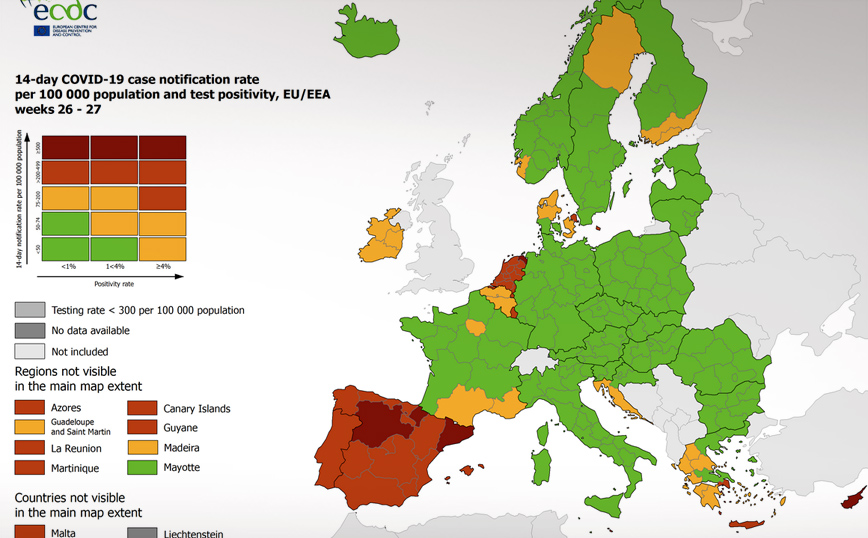 Κορονοϊός – ECDC: «Πορτοκαλί» Αττική και Κρήτη – Τι δείχνουν οι νέοι χάρτες