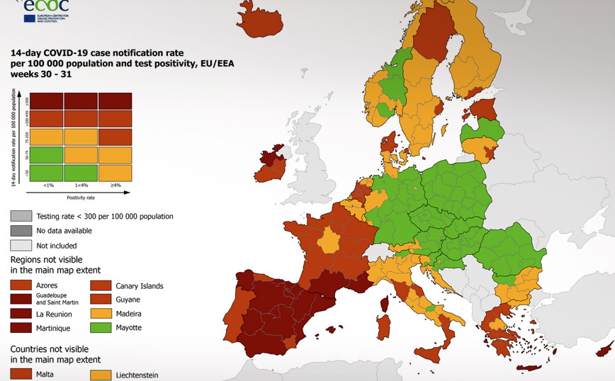 Κορονοϊός &#8211; ECDC: Στο «βαθύ κόκκινο» Κρήτη, Επτάνησα, Δωδεκάνησα και Κυκλάδες &#8211; Τι δείχνουν οι νέοι χάρτες
