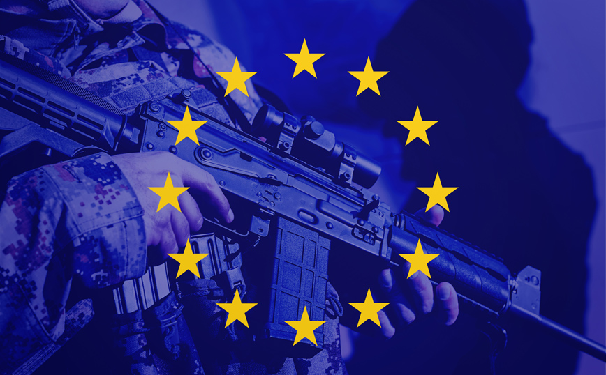 Στρατιώτης που κρατά το όπλο του και  η σημαία της ΕΕ