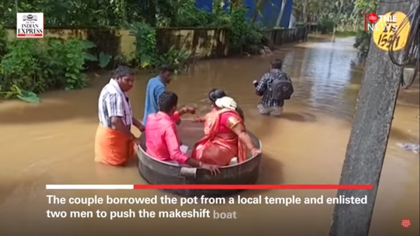 Οι πλημμύρες στην Ινδία ανάγκασαν ζευγάρι να&#8230; σαλπάρει για το γάμο του σε γιγαντιαία κατσαρόλα