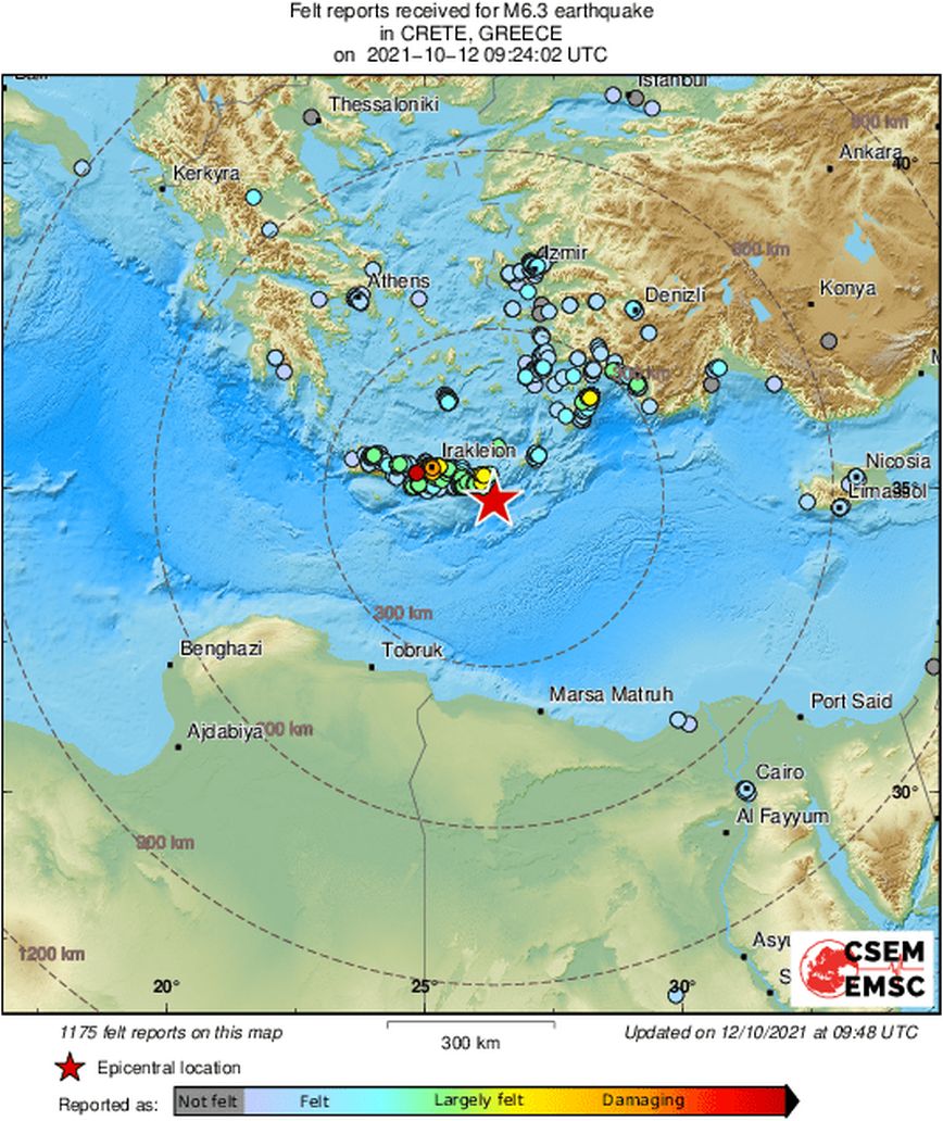 Χάρτης με το επίκεντρο του σεισμού στην Κρήτη