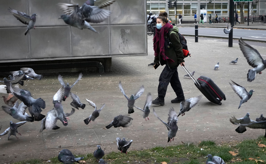 Γυναίκα με μάσκα και με μια βαλίτσα στο χέρι περπατά στο Λονδίνο ανάμεσα από περιστέρια Γυναίκα με μάσκα και με μια βαλίτσα στο χέρι περπατά στο Λονδίνο ανάμεσα από περιστέρια