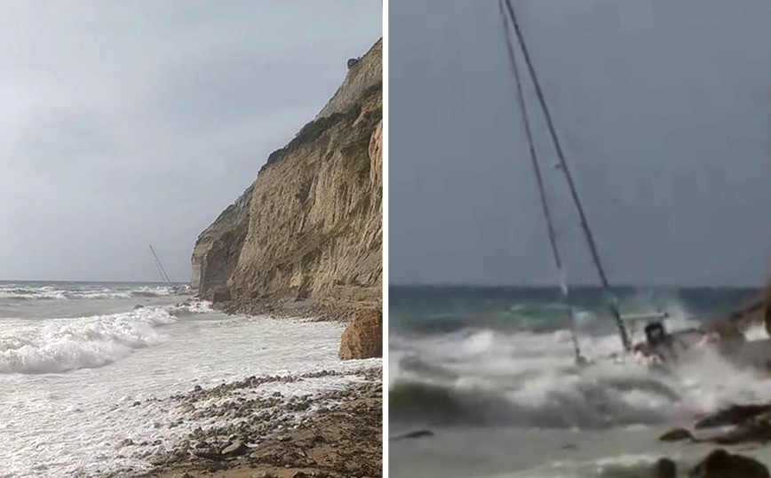 Καιρός &#8211; Κεφαλονιά: Ιστιοφόρο χωρίς επιβάτες κατέληξε στα βράχια  &#8211; Δείτε φωτογραφίες και βίντεο