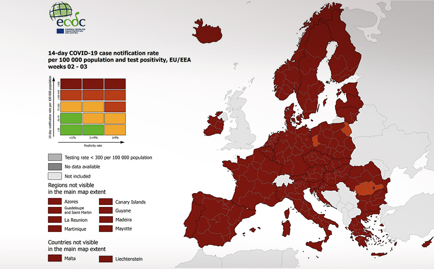 Κορονοϊός &#8211; Χάρτης ECDC: Στο βαθύ κόκκινο παραμένει η Ελλάδα