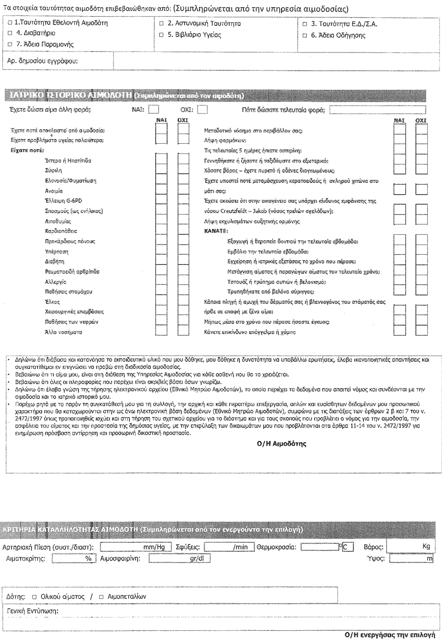 Νέο έντυπο αιμοδοσίας