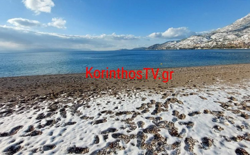 Μέχρι τη θάλασσα έφτασαν τα χιόνια στο Λουτράκι Μέχρι τη θάλασσα έφτασαν τα χιόνια στο Λουτράκι