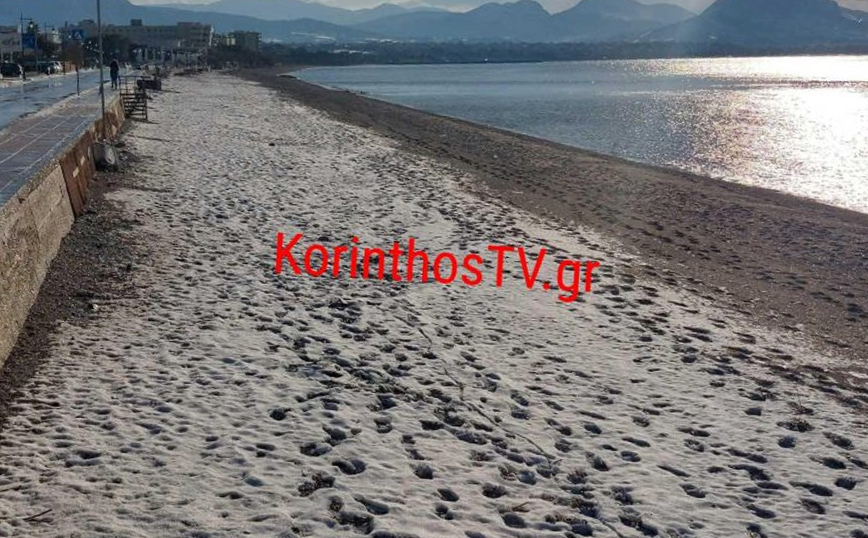 Μέχρι τη θάλασσα έφτασαν τα χιόνια στο Λουτράκι Μέχρι τη θάλασσα έφτασαν τα χιόνια στο Λουτράκι