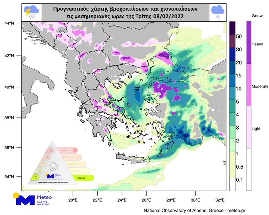 Χάρτης: Με μπλε-πράσινες αποχρώσεις απεικονίζονται οι βροχοπτώσεις και με ροζ αποχρώσεις οι χιονοπτώσεις Χάρτης: Με μπλε-πράσινες αποχρώσεις απεικονίζονται οι βροχοπτώσεις και με ροζ αποχρώσεις οι χιονοπτώσεις