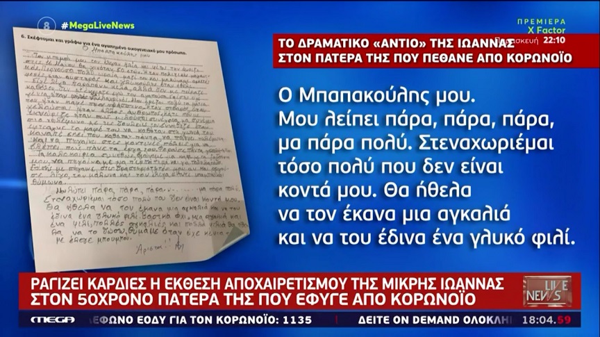 Συγκλονίζει η σπαρακτική αφήγηση της Ιωάννας που έχασε τον πατέρα της από τον κορονοϊό