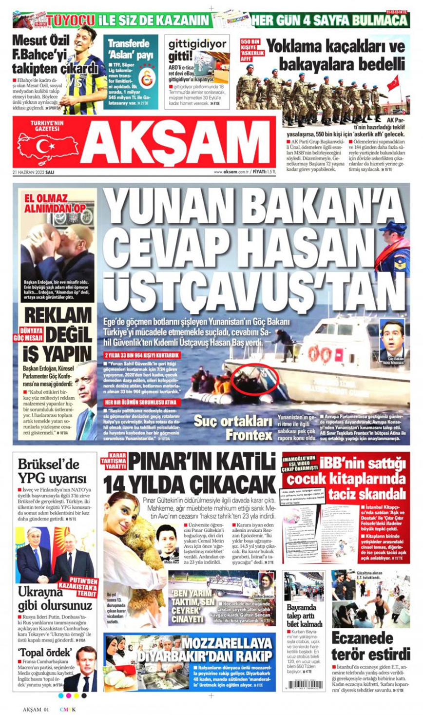 Το πρωτοσέλιδο της Aksam Το πρωτοσέλιδο της Aksam