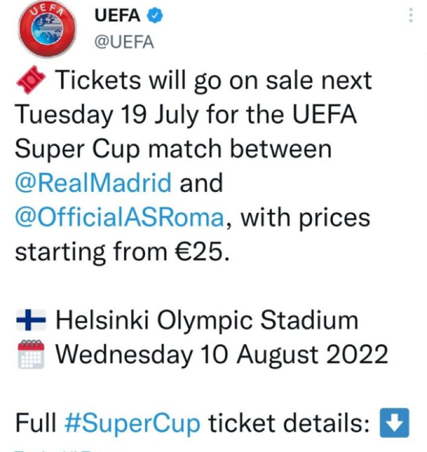 Λάθος ανάρτηση από την UEFA για το ευρωπαϊκό Σούπερ Καπ Λάθος ανάρτηση από την UEFA για το ευρωπαϊκό Σούπερ Καπ