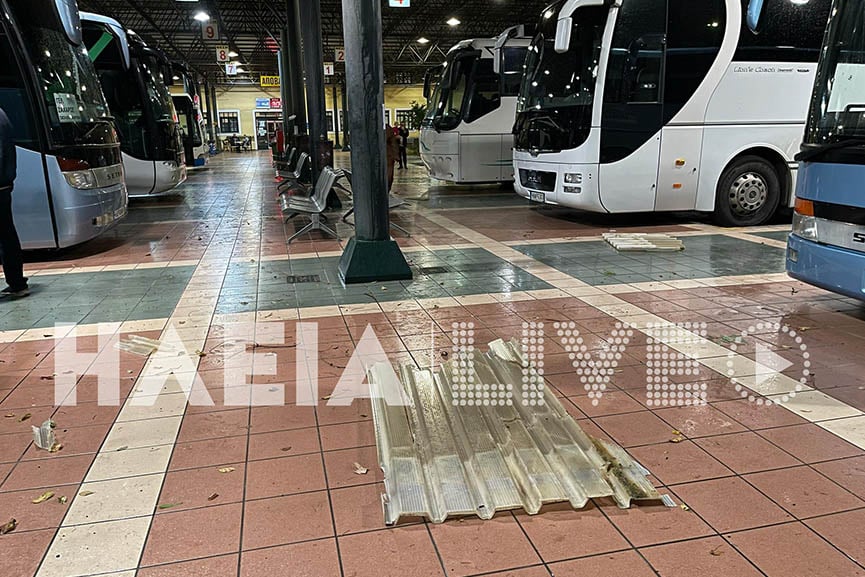 Ισχυρός ανεμοστρόβιλος ξήλωσε υπόστεγο στην περιοχή των ΚΤΕΛ στον Πύργο – Δείτε εικόνες
