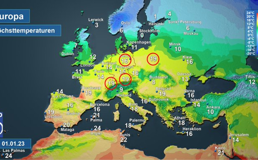 Καιρός: Αυτές έιναι οι πόλεις της Ευρώπης που είχαν «καλοκαίρι» την Πρωτοχρονιά &#8211; Δείτε τον χάρτη